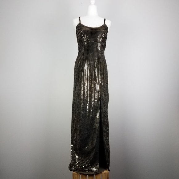 90's Vintage Velveteen Gold Confetti Sequin Evening Gown by J Reynolds Designs - Picture 2 of 11